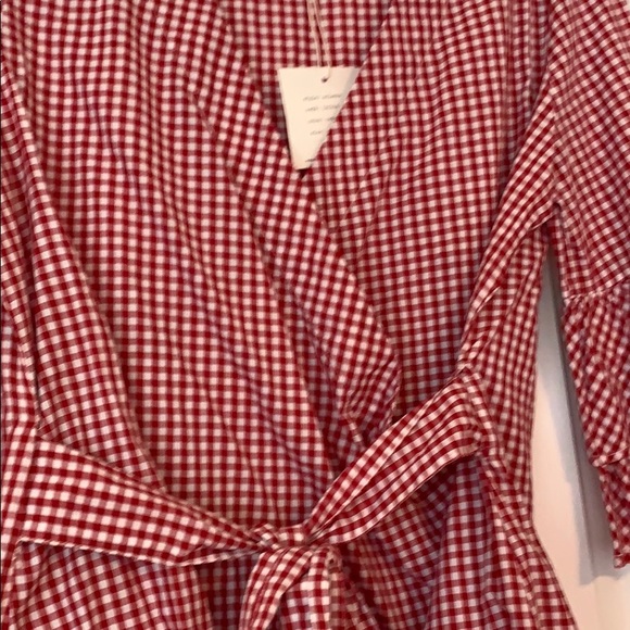 Red plaid wrap style blouse with bow - Picture 3 of 4